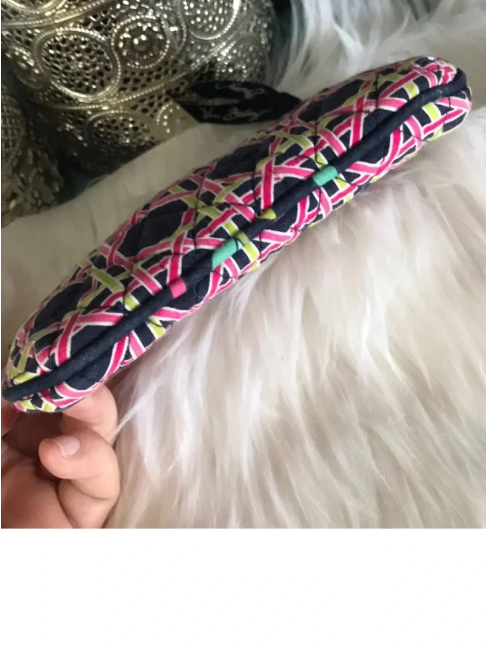 Vera Bradley Ribbons pattern zippered small cosmetics bag navy, pink green white